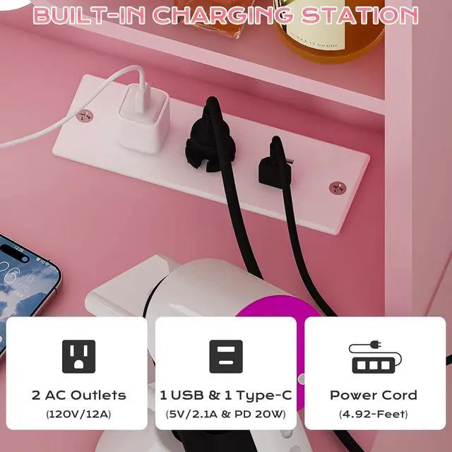 Alt view image 3 of 5 - VINGLI 34in Fluted Makeup Vanity Desk with Mirror & Lights & Power Outlet, Small Vanity Table w/ 4 Drawers & 2 Storage Shelves,Pink Modern Dressing Table Set Charging Station for Bedroom