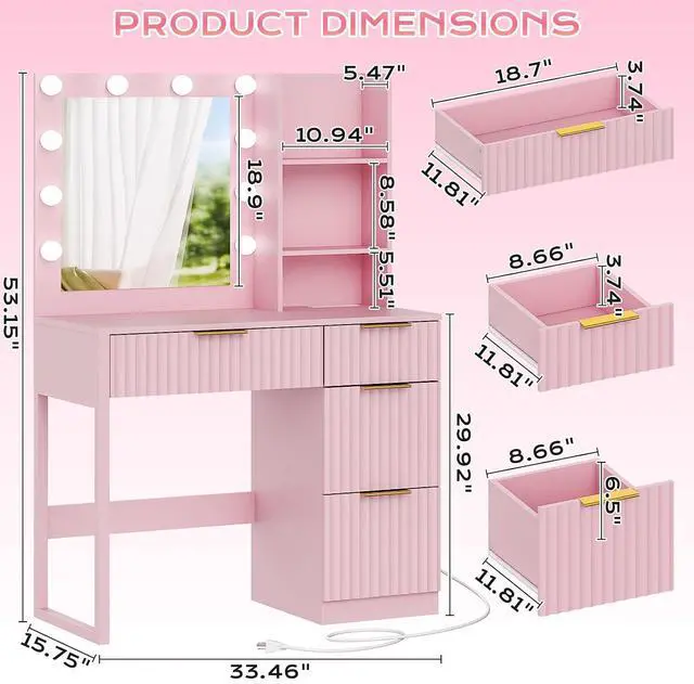 Alt view image 2 of 5 - VINGLI 34in Fluted Makeup Vanity Desk with Mirror & Lights & Power Outlet, Small Vanity Table w/ 4 Drawers & 2 Storage Shelves,Pink Modern Dressing Table Set Charging Station for Bedroom