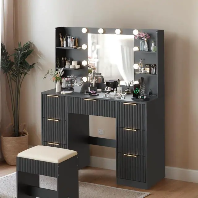 Main image of VINGLI Fluted Makeup Vanity Desk with Mirror & Lights & Power Outlet, Small Vanity Table w/ 7 Drawers & 4 Storage Shelves,Black Modern Dressing Table Set Charging Station for Bedroom