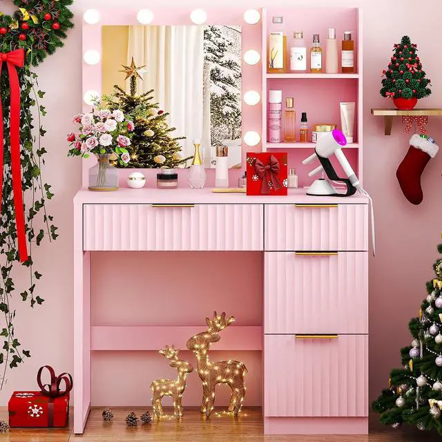 Alt view image 5 of 5 - VINGLI 34in Fluted Makeup Vanity Desk with Mirror & Lights & Power Outlet, Small Vanity Table w/ 4 Drawers & 2 Storage Shelves,Pink Modern Dressing Table Set Charging Station for Bedroom