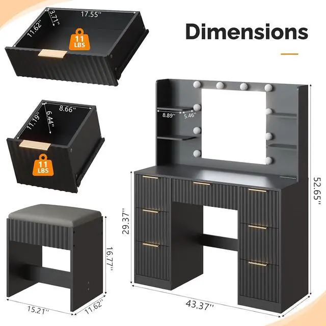 Alt view image 2 of 7 - VINGLI Fluted Makeup Vanity Desk with Mirror & Lights & Power Outlet, Small Vanity Table w/ 7 Drawers & 4 Storage Shelves,Black Modern Dressing Table Set Charging Station for Bedroom