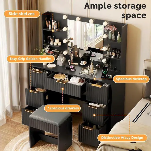 Alt view image 3 of 7 - VINGLI Fluted Makeup Vanity Desk with Mirror & Lights & Power Outlet, Small Vanity Table w/ 7 Drawers & 4 Storage Shelves,Black Modern Dressing Table Set Charging Station for Bedroom