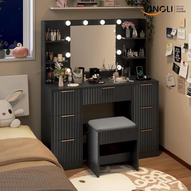 Alt view image 6 of 7 - VINGLI Fluted Makeup Vanity Desk with Mirror & Lights & Power Outlet, Small Vanity Table w/ 7 Drawers & 4 Storage Shelves,Black Modern Dressing Table Set Charging Station for Bedroom