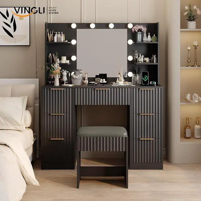 Alt view image 7 of 7 - VINGLI Fluted Makeup Vanity Desk with Mirror & Lights & Power Outlet, Small Vanity Table w/ 7 Drawers & 4 Storage Shelves,Black Modern Dressing Table Set Charging Station for Bedroom