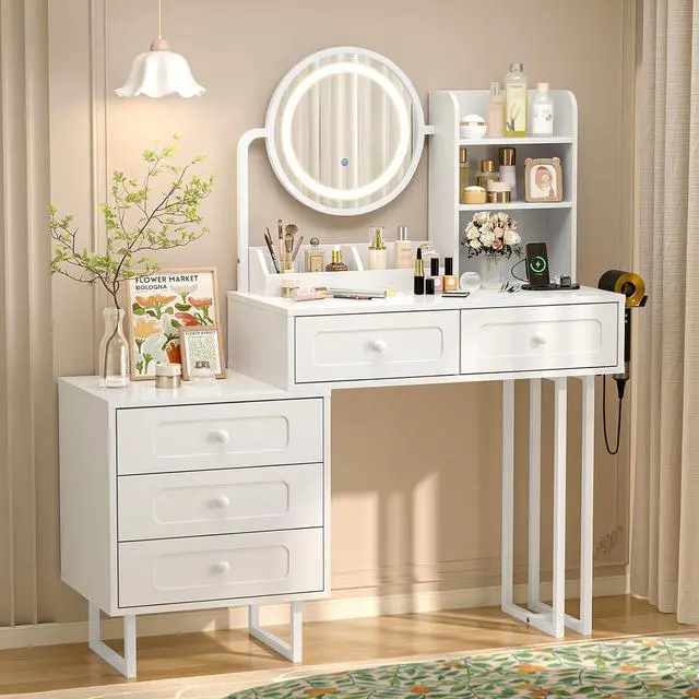 Main image of VINGLI Round Mirror Vanity with Touched Lights, Vanity Nightstand Combo, Small Makeup Table Built-in Power Outlets & Hairdryer Holder, White Dressing Table w/ 5 Storage Drawers, 47.2in