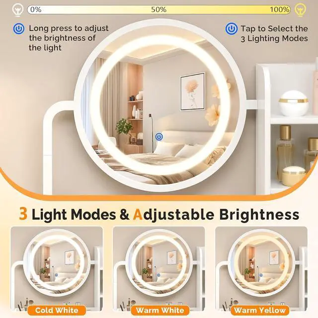 Alt view image 4 of 7 - VINGLI Round Mirror Vanity with Touched Lights, Vanity Nightstand Combo, Small Makeup Table Built-in Power Outlets & Hairdryer Holder, White Dressing Table w/ 5 Storage Drawers, 47.2in