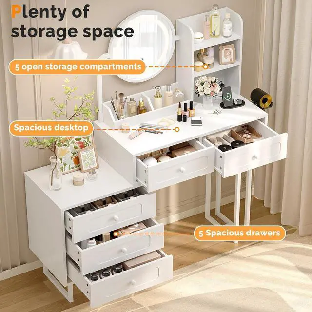 Alt view image 3 of 7 - VINGLI Round Mirror Vanity with Touched Lights, Vanity Nightstand Combo, Small Makeup Table Built-in Power Outlets & Hairdryer Holder, White Dressing Table w/ 5 Storage Drawers, 47.2in
