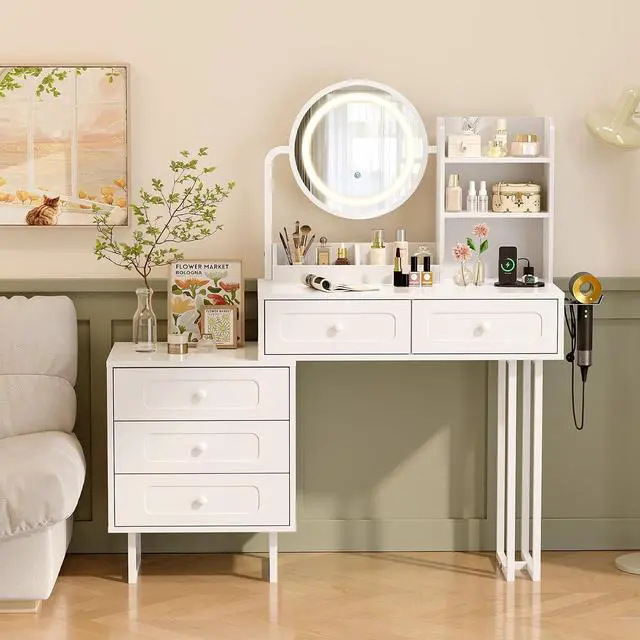 Alt view image 6 of 7 - VINGLI Round Mirror Vanity with Touched Lights, Vanity Nightstand Combo, Small Makeup Table Built-in Power Outlets & Hairdryer Holder, White Dressing Table w/ 5 Storage Drawers, 47.2in