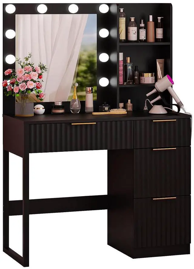 Main image of VINGLI 34in Fluted Makeup Vanity Desk with Mirror & Lights & Power Outlet, Small Vanity Table w/ 4 Drawers & 2 Storage Shelves,Black Modern Dressing Table Set Charging Station for Bedroom