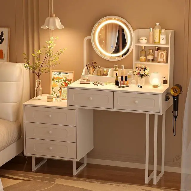Alt view image 7 of 7 - VINGLI Round Mirror Vanity with Touched Lights, Vanity Nightstand Combo, Small Makeup Table Built-in Power Outlets & Hairdryer Holder, White Dressing Table w/ 5 Storage Drawers, 47.2in
