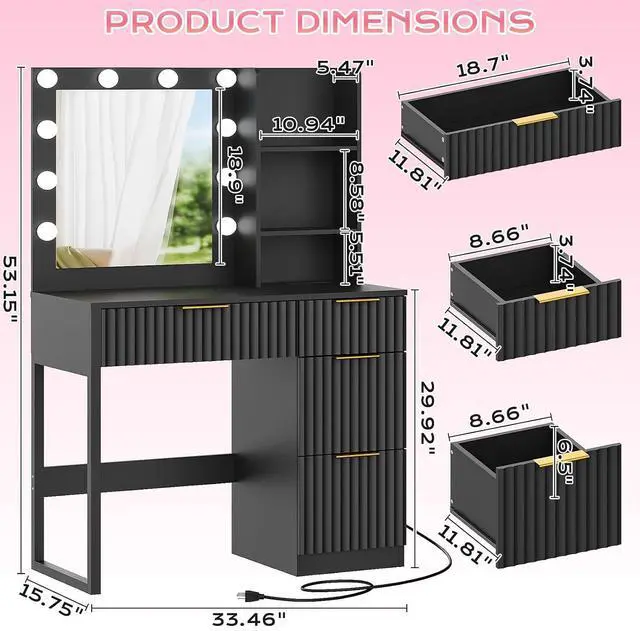 Alt view image 3 of 5 - VINGLI 34in Fluted Makeup Vanity Desk with Mirror & Lights & Power Outlet, Small Vanity Table w/ 4 Drawers & 2 Storage Shelves,Black Modern Dressing Table Set Charging Station for Bedroom