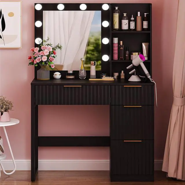 Alt view image 5 of 5 - VINGLI 34in Fluted Makeup Vanity Desk with Mirror & Lights & Power Outlet, Small Vanity Table w/ 4 Drawers & 2 Storage Shelves,Black Modern Dressing Table Set Charging Station for Bedroom
