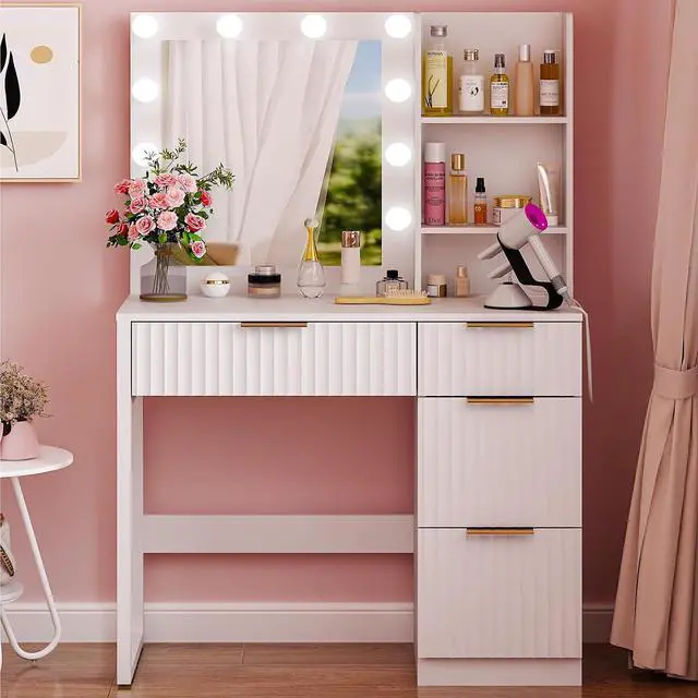Main image of VINGLI 34in Fluted Makeup Vanity Desk with Mirror & Lights & Power Outlet, Small Vanity Table w/ 4 Drawers & 2 Storage Shelves,White Modern Dressing Table Set Charging Station for Bedroom