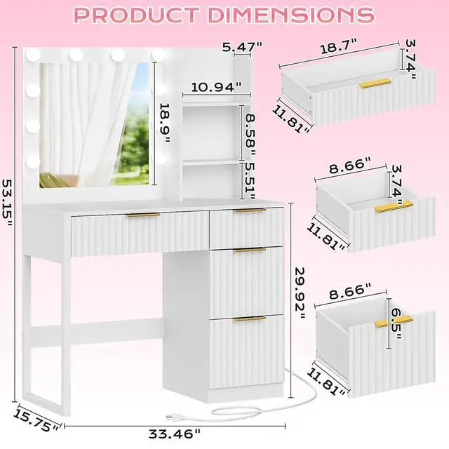 Alt view image 2 of 5 - VINGLI 34in Fluted Makeup Vanity Desk with Mirror & Lights & Power Outlet, Small Vanity Table w/ 4 Drawers & 2 Storage Shelves,White Modern Dressing Table Set Charging Station for Bedroom