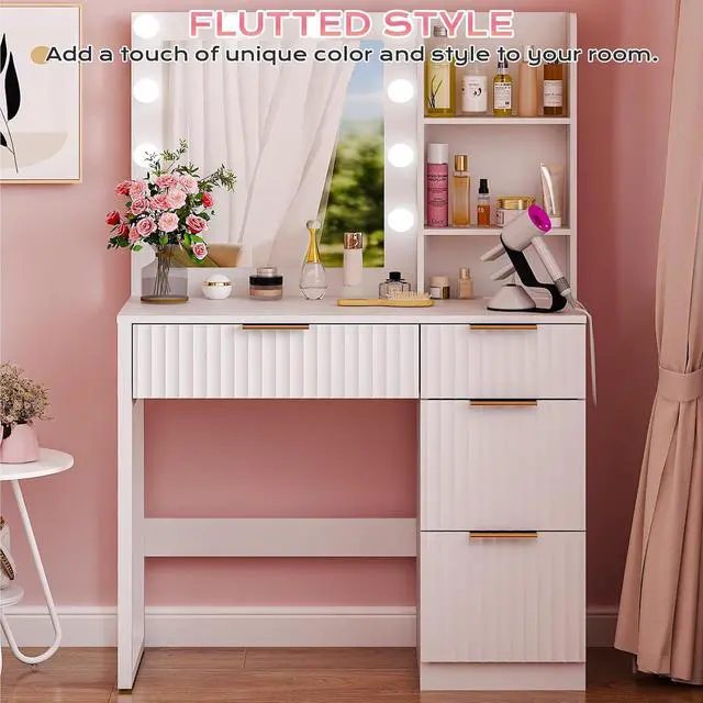 Alt view image 3 of 5 - VINGLI 34in Fluted Makeup Vanity Desk with Mirror & Lights & Power Outlet, Small Vanity Table w/ 4 Drawers & 2 Storage Shelves,White Modern Dressing Table Set Charging Station for Bedroom