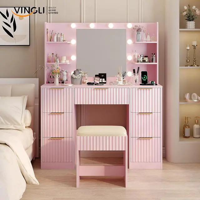 Main image of VINGLI Fluted Makeup Vanity Desk with Mirror & Lights & Power Outlet, Small Vanity Table w/ 7 Drawers & 4 Storage Shelves,Pink Modern Dressing Table Set Charging Station for Bedroom