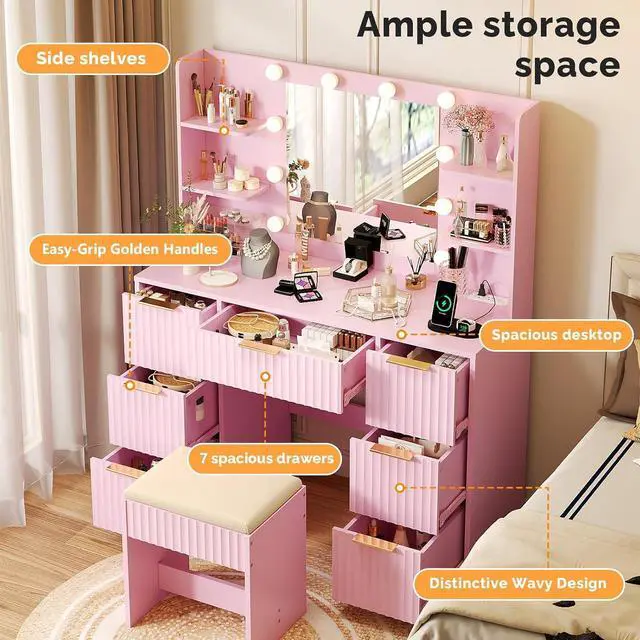 Alt view image 3 of 7 - VINGLI Fluted Makeup Vanity Desk with Mirror & Lights & Power Outlet, Small Vanity Table w/ 7 Drawers & 4 Storage Shelves,Pink Modern Dressing Table Set Charging Station for Bedroom