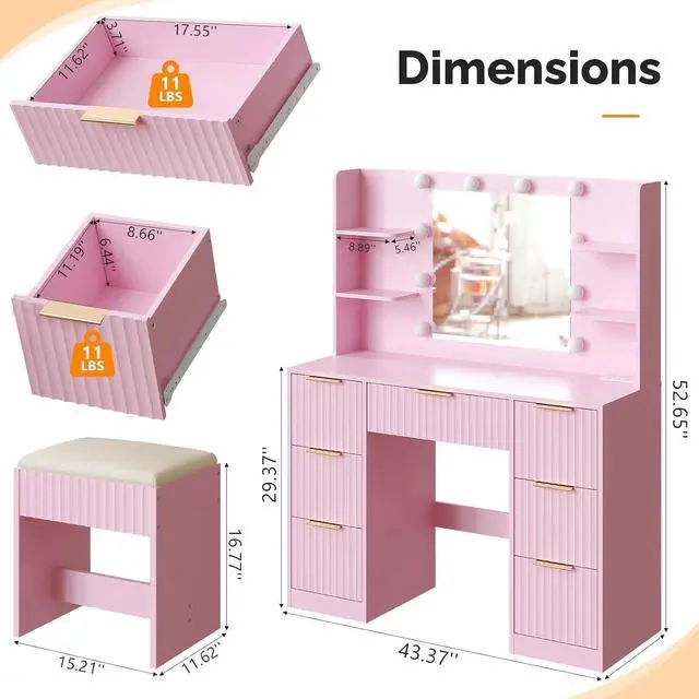 Alt view image 2 of 7 - VINGLI Fluted Makeup Vanity Desk with Mirror & Lights & Power Outlet, Small Vanity Table w/ 7 Drawers & 4 Storage Shelves,Pink Modern Dressing Table Set Charging Station for Bedroom