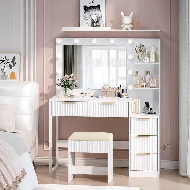 Main image of VINGLI Fluted Makeup Vanity Desk with Mirror & Lights & Power Outlet, Small Vanity Table w/ 5 Drawers & 2 Storage Shelves,White Modern Dressing Table Set Charging Station for Bedroom