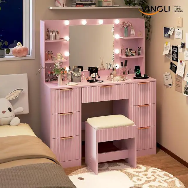 Alt view image 6 of 7 - VINGLI Fluted Makeup Vanity Desk with Mirror & Lights & Power Outlet, Small Vanity Table w/ 7 Drawers & 4 Storage Shelves,Pink Modern Dressing Table Set Charging Station for Bedroom