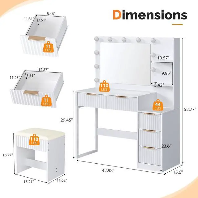 Alt view image 2 of 7 - VINGLI Fluted Makeup Vanity Desk with Mirror & Lights & Power Outlet, Small Vanity Table w/ 5 Drawers & 2 Storage Shelves,White Modern Dressing Table Set Charging Station for Bedroom