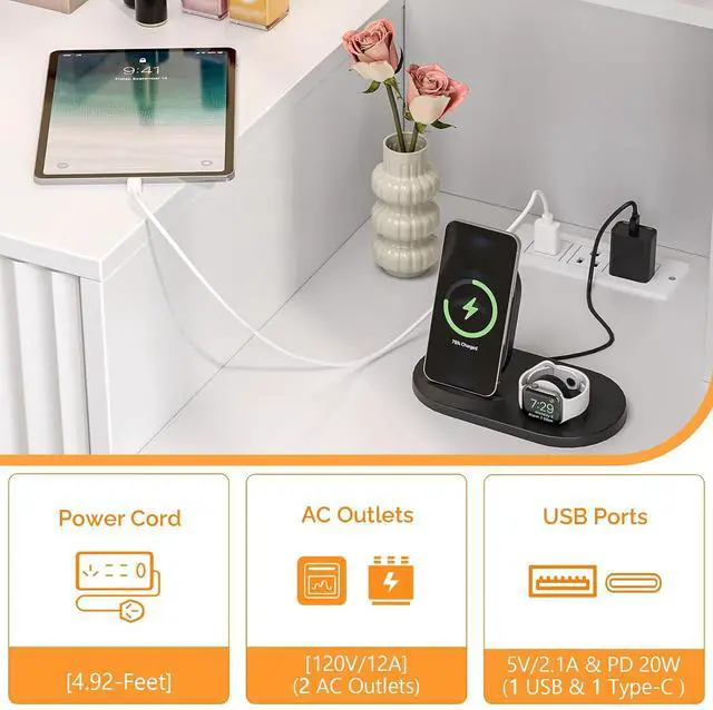 Alt view image 5 of 7 - VINGLI Fluted Makeup Vanity Desk with Mirror & Lights & Power Outlet, Small Vanity Table w/ 5 Drawers & 2 Storage Shelves,White Modern Dressing Table Set Charging Station for Bedroom