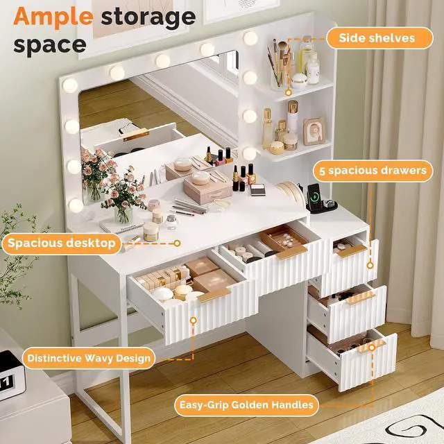 Alt view image 3 of 7 - VINGLI Fluted Makeup Vanity Desk with Mirror & Lights & Power Outlet, Small Vanity Table w/ 5 Drawers & 2 Storage Shelves,White Modern Dressing Table Set Charging Station for Bedroom