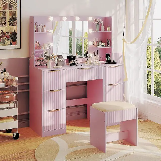 Alt view image 7 of 7 - VINGLI Fluted Makeup Vanity Desk with Mirror & Lights & Power Outlet, Small Vanity Table w/ 7 Drawers & 4 Storage Shelves,Pink Modern Dressing Table Set Charging Station for Bedroom