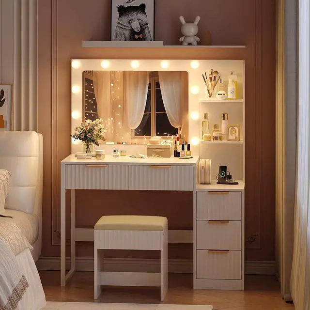 Alt view image 6 of 7 - VINGLI Fluted Makeup Vanity Desk with Mirror & Lights & Power Outlet, Small Vanity Table w/ 5 Drawers & 2 Storage Shelves,White Modern Dressing Table Set Charging Station for Bedroom