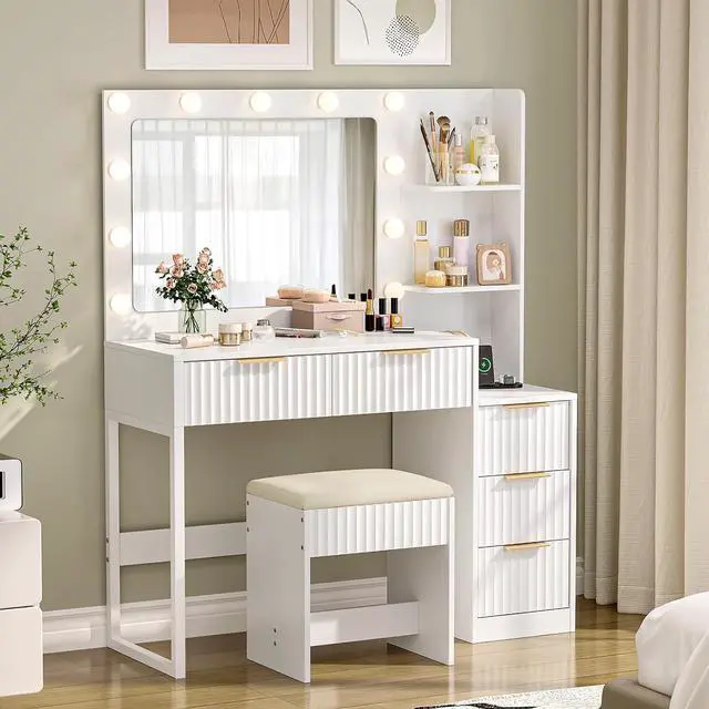 Alt view image 7 of 7 - VINGLI Fluted Makeup Vanity Desk with Mirror & Lights & Power Outlet, Small Vanity Table w/ 5 Drawers & 2 Storage Shelves,White Modern Dressing Table Set Charging Station for Bedroom