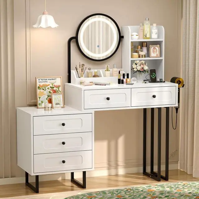 Main image of VINGLI Vanity Nightstand Combo, Makeup Vanity Table with Round Mirror and Adjustable Lights, Built-in Power Outlets & Hairdryer Holder, Small White Black Dressing Table w/ 5 Drawers