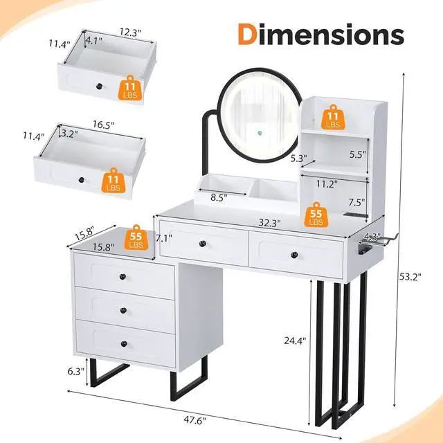 Alt view image 2 of 7 - VINGLI Vanity Nightstand Combo, Makeup Vanity Table with Round Mirror and Adjustable Lights, Built-in Power Outlets & Hairdryer Holder, Small White Black Dressing Table w/ 5 Drawers
