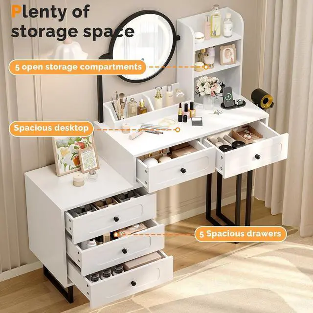 Alt view image 3 of 7 - VINGLI Vanity Nightstand Combo, Makeup Vanity Table with Round Mirror and Adjustable Lights, Built-in Power Outlets & Hairdryer Holder, Small White Black Dressing Table w/ 5 Drawers