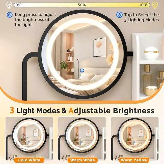 Alt view image 4 of 7 - VINGLI Vanity Nightstand Combo, Makeup Vanity Table with Round Mirror and Adjustable Lights, Built-in Power Outlets & Hairdryer Holder, Small White Black Dressing Table w/ 5 Drawers