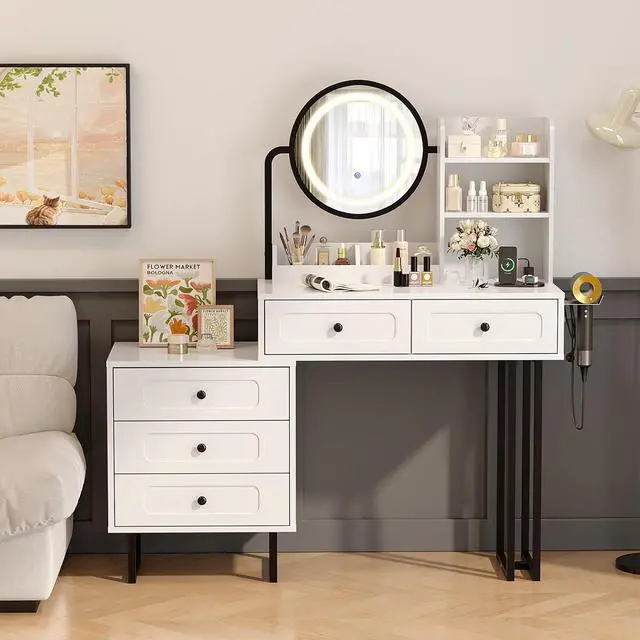 Alt view image 6 of 7 - VINGLI Vanity Nightstand Combo, Makeup Vanity Table with Round Mirror and Adjustable Lights, Built-in Power Outlets & Hairdryer Holder, Small White Black Dressing Table w/ 5 Drawers