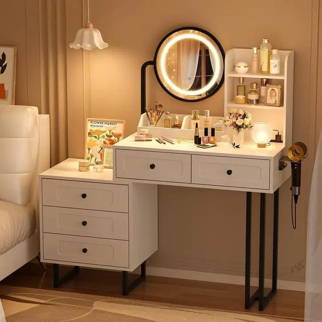 Alt view image 7 of 7 - VINGLI Vanity Nightstand Combo, Makeup Vanity Table with Round Mirror and Adjustable Lights, Built-in Power Outlets & Hairdryer Holder, Small White Black Dressing Table w/ 5 Drawers