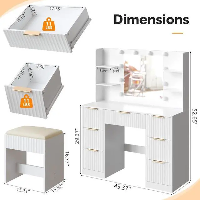 Alt view image 2 of 7 - VINGLI Fluted Makeup Vanity Desk with Mirror & Lights & Power Outlet, Small Vanity Table w/ 7 Drawers & 4 Storage Shelves,White Modern Dressing Table Set Charging Station for Bedroom, 43.7in