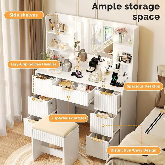 Alt view image 4 of 7 - VINGLI Fluted Makeup Vanity Desk with Mirror & Lights & Power Outlet, Small Vanity Table w/ 7 Drawers & 4 Storage Shelves,White Modern Dressing Table Set Charging Station for Bedroom, 43.7in
