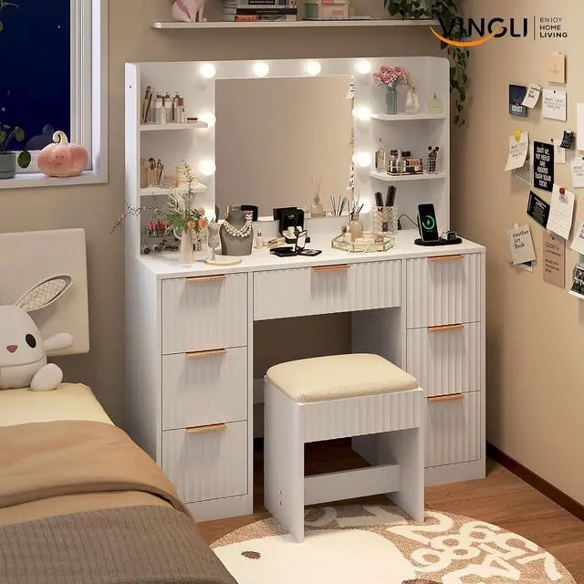 Alt view image 6 of 7 - VINGLI Fluted Makeup Vanity Desk with Mirror & Lights & Power Outlet, Small Vanity Table w/ 7 Drawers & 4 Storage Shelves,White Modern Dressing Table Set Charging Station for Bedroom, 43.7in