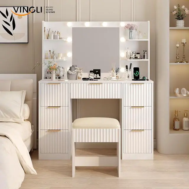 Alt view image 7 of 7 - VINGLI Fluted Makeup Vanity Desk with Mirror & Lights & Power Outlet, Small Vanity Table w/ 7 Drawers & 4 Storage Shelves,White Modern Dressing Table Set Charging Station for Bedroom, 43.7in