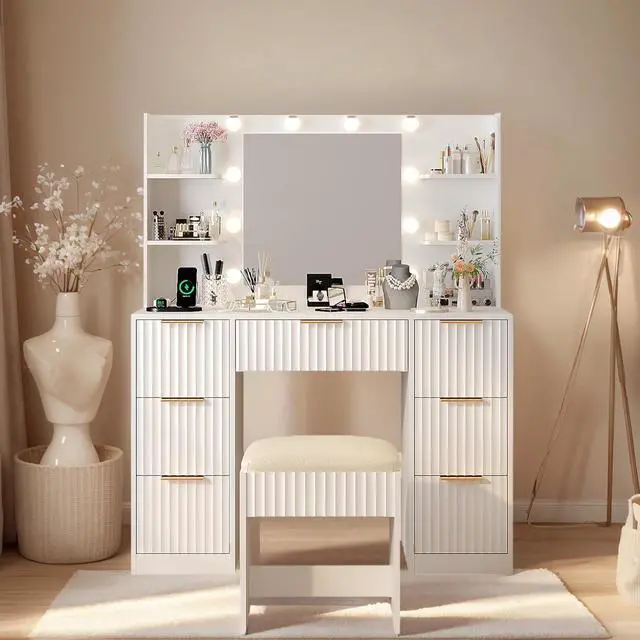 Main image of VINGLI Fluted Makeup Vanity Desk with Mirror & Lights & Power Outlet, Small Vanity Table w/ 7 Drawers & 4 Storage Shelves,White Modern Dressing Table Set Charging Station for Bedroom, 43.7in