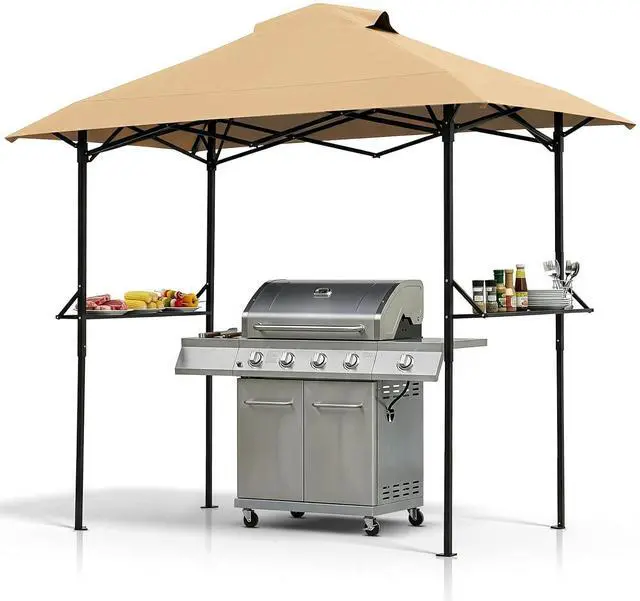 Main image of VINGLI 8x5 Pop Up Grill Gazebo BBQ Gazebo with 2 Side Shelves, Outdoor Grill Canopy BBQ Canopy Adjustable Height, Grilling Pergola for Patio Garden (Khaki)