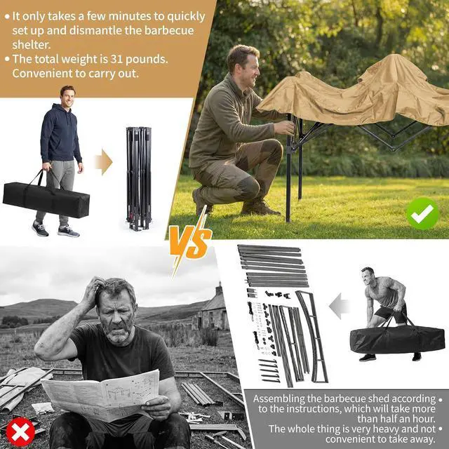 Alt view image 2 of 7 - VINGLI 8x5 Pop Up Grill Gazebo BBQ Gazebo with 2 Side Shelves, Outdoor Grill Canopy BBQ Canopy Adjustable Height, Grilling Pergola for Patio Garden (Khaki)