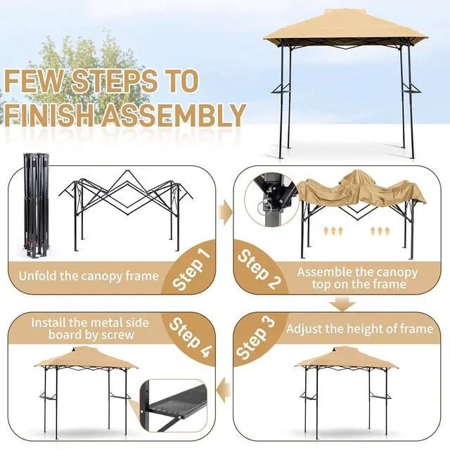 Alt view image 3 of 7 - VINGLI 8x5 Pop Up Grill Gazebo BBQ Gazebo with 2 Side Shelves, Outdoor Grill Canopy BBQ Canopy Adjustable Height, Grilling Pergola for Patio Garden (Khaki)