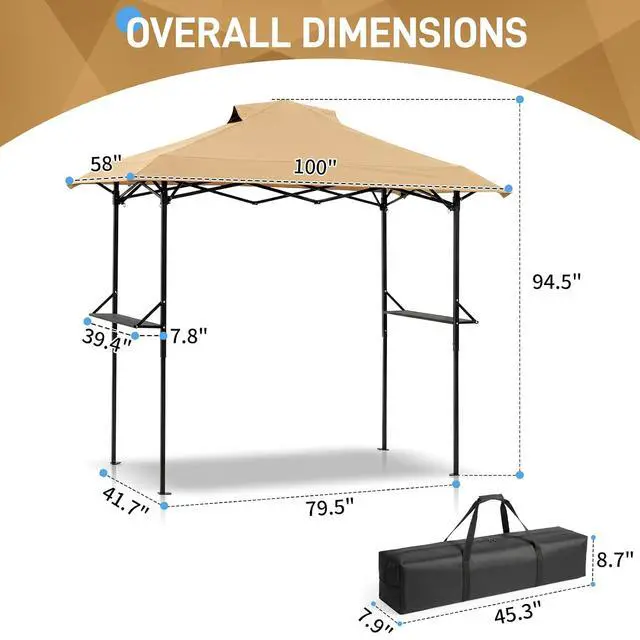 Alt view image 4 of 7 - VINGLI 8x5 Pop Up Grill Gazebo BBQ Gazebo with 2 Side Shelves, Outdoor Grill Canopy BBQ Canopy Adjustable Height, Grilling Pergola for Patio Garden (Khaki)