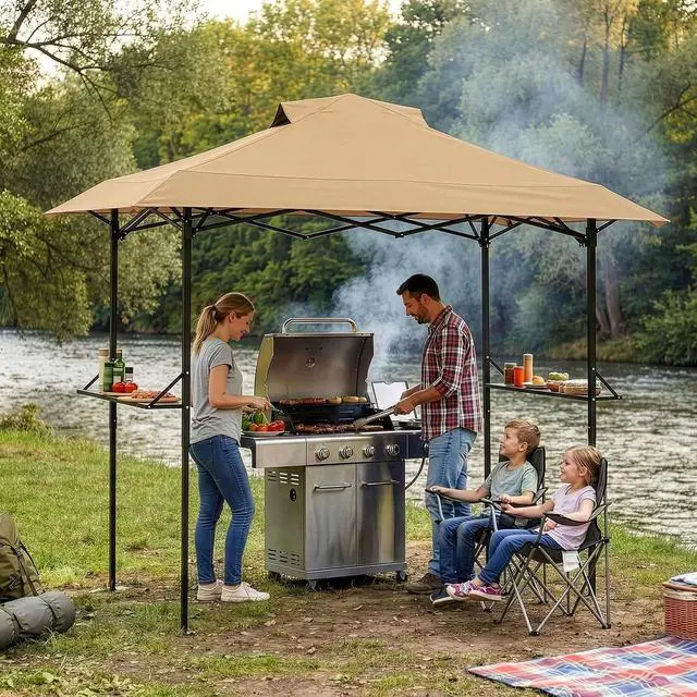 Alt view image 7 of 7 - VINGLI 8x5 Pop Up Grill Gazebo BBQ Gazebo with 2 Side Shelves, Outdoor Grill Canopy BBQ Canopy Adjustable Height, Grilling Pergola for Patio Garden (Khaki)