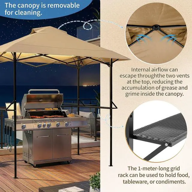 Alt view image 6 of 7 - VINGLI 8x5 Pop Up Grill Gazebo BBQ Gazebo with 2 Side Shelves, Outdoor Grill Canopy BBQ Canopy Adjustable Height, Grilling Pergola for Patio Garden (Khaki)