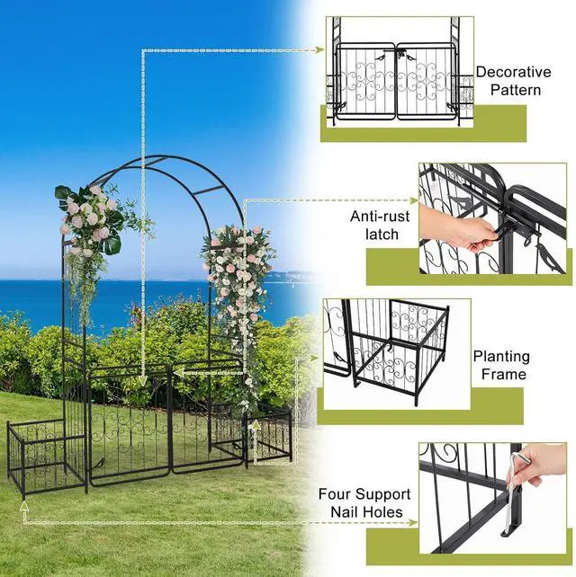 Alt view image 4 of 6 - VINGLI Garden Arbor Arch with Gate and Planter Box, Wedding Arch Archway for Ceremony Party, Trellis for Plant Climbing, Christmas Decorations Pergola for Backyard, Lawn, Patio, Yard