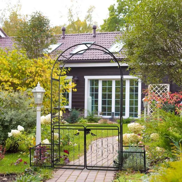 Alt view image 6 of 6 - VINGLI Garden Arbor Arch with Gate and Planter Box, Wedding Arch Archway for Ceremony Party, Trellis for Plant Climbing, Christmas Decorations Pergola for Backyard, Lawn, Patio, Yard