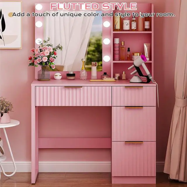 Alt view image 4 of 5 - VINGLI 34in Fluted Makeup Vanity Desk with Mirror & Lights & Power Outlet, Small Vanity Table w/ 4 Drawers & 2 Storage Shelves,Pink Modern Dressing Table Set Charging Station for Bedroom